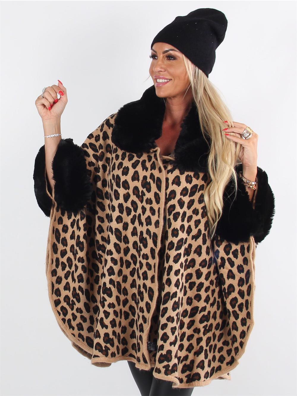 Gotilda - Beigefarvet cardigan i leopardprint med fauxfur kanter